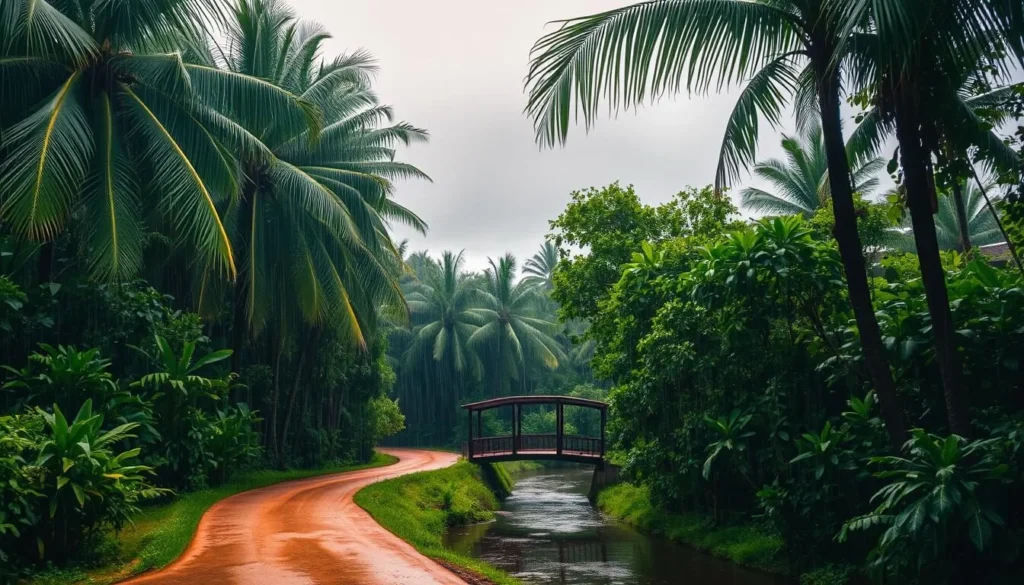 A rain-drenched landscape in Kanchanaburi, Thailand during the monsoon season. Lush, verdant foliage glistens under a heavy downpour, with fat raindrops cascading from the canopy of towering palm trees. In the middle ground, a winding dirt road leads towards a small wooden bridge arching over a gently flowing river, its surface pitted by the rhythmic patter of rainfall. The sky is overcast, but beams of soft, diffused light filter through the clouds, casting a warm, atmospheric glow over the entire scene. The overall mood is serene and contemplative, inviting the viewer to experience the tranquil beauty of Kanchanaburi during this transitional time of year.