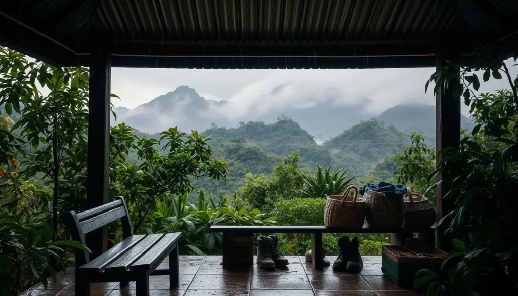 A rainy season packing scene in Chiang Rai, Thailand. In the foreground, a rustic wooden bench sits under a covered porch, with rain gently pattering on the tin roof overhead. Woven baskets and sturdy hiking boots are placed nearby, hinting at the adventurous journey to come. In the middle ground, lush, verdant foliage frames the scene, the leaves glistening with moisture. In the background, misty mountains rise up, their peaks shrouded in a soft, atmospheric haze. The lighting is moody and overcast, with a gentle, diffused quality that evokes the tranquil ambiance of the rainy season. Capture this scene with a wide-angle lens, emphasizing the cozy, intimate feel of the porch and the expansive, natural backdrop beyond.