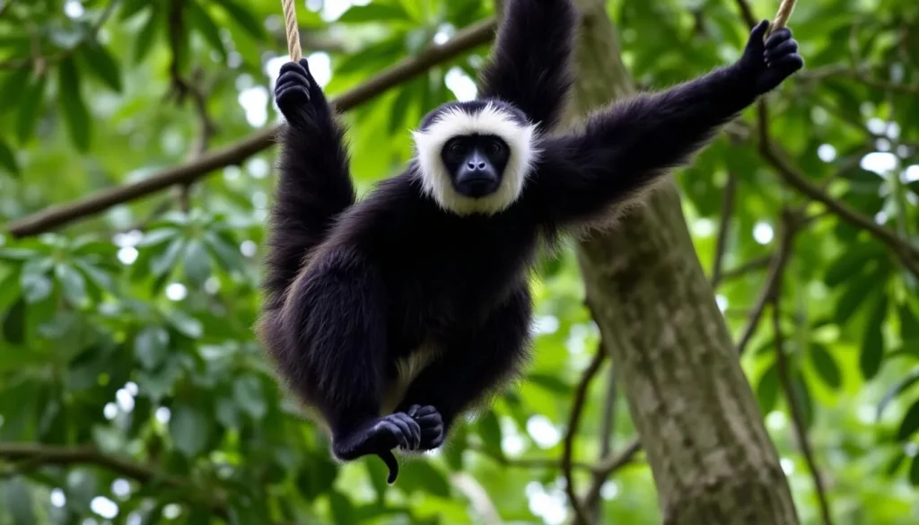 A rare Hoolock Gibbon swinging through trees in Baroiyadhala National Park