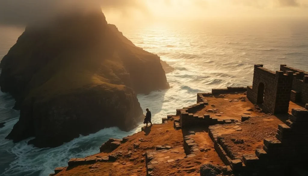 A remote, foreboding island in the turbulent Atlantic, shrouded in the oppressive haze of a tropical afternoon. Rugged cliffs loom over the crashing waves, casting deep shadows across the harsh, sun-baked terrain. Crumbling stone structures, once the harsh confines of a notorious penal colony, stand as haunting reminders of the suffering that once permeated this desolate place. A lone figure traverses the weathered paths, their steps heavy with the weight of history. The air is thick with the echoes of anguished cries, the clash of steel, and the unforgiving march of time. This is the dark legacy of the Salation Islands, a testament to the brutality of man's inhumanity to man.