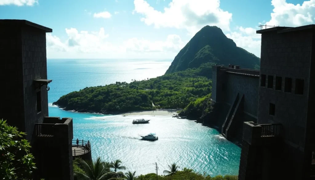 A remote tropical island, surrounded by azure waters and lush vegetation. In the foreground, the imposing silhouettes of the prison buildings, their harsh stone facades contrasting with the verdant landscape. Sunlight casts dramatic shadows, accentuating the rugged architecture. Prisoners can be seen in the distance, moving about their daily routines. The atmosphere is one of isolation and quiet desperation, with a touch of melancholy. A lone boat drifts on the calm sea, hinting at the isolation and remoteness of this infamous penal colony. The scene evokes the harsh realities and troubled history of Devil's Island, a place that has become a symbol of the human struggle for freedom and redemption.