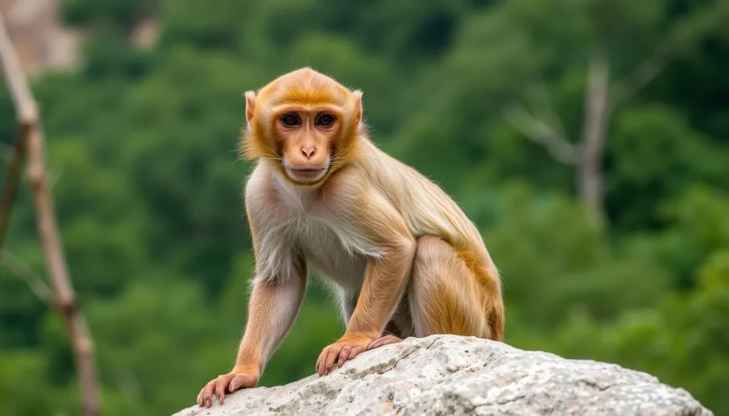 A rhesus macaque monkey sitting on a rock in Margalla Hills National Park