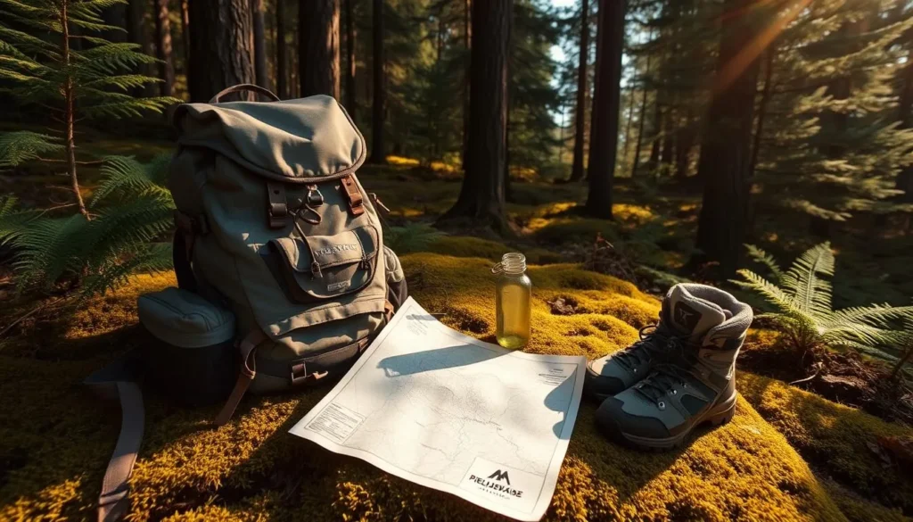 A rugged backpack rests on a mossy forest floor, surrounded by ferns and tall pines. Sunlight filters through the canopy, casting a warm glow on the scene. An open map lies next to the pack, hinting at the adventure to come. Hiking boots, a water bottle, and a compass sit nearby, ready for the journey. The overall mood is one of anticipation and preparedness, capturing the essence of an imminent hike in the Pieljekaise National Park.