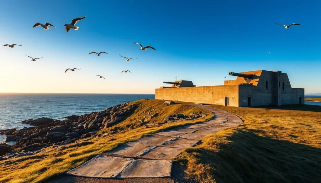 A rugged coastal landscape in Bodo, Norway, where the formidable Batterie Dietl stands as a stark reminder of World War II history. The massive concrete structure, with its imposing gun emplacements, overlooks the vast expanse of the North Atlantic, bathed in the warm glow of the afternoon sun. Seagulls soar overhead, their cries echoing across the rocky shore. In the foreground, a weathered path leads visitors towards the imposing fortification, inviting them to explore the site's captivating past. The overall scene exudes a sense of tranquility and contemplation, allowing the viewer to imagine the dramatic events that once unfolded in this picturesque setting.