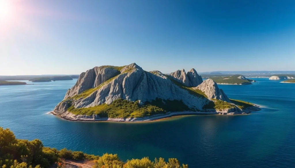 A rugged, granite island emerges from the tranquil waters of Kalmarsund, its ancient rock formations sculpted by the relentless sea. The sun's warm rays illuminate the island's sheer cliffs, casting dramatic shadows that accentuate its raw, untamed beauty. In the foreground, the island's pristine shoreline is dotted with lush vegetation, inviting visitors to explore its hidden coves and trails. The middle ground features the island's iconic silhouette, rising majestically against a clear, azure sky. The background showcases the surrounding archipelago, with its own unique blend of islands and islets, creating a serene and captivating scene. Capture the mystery and allure of Blå Jungfrun, the jewel of Sweden's Kalmarsund.