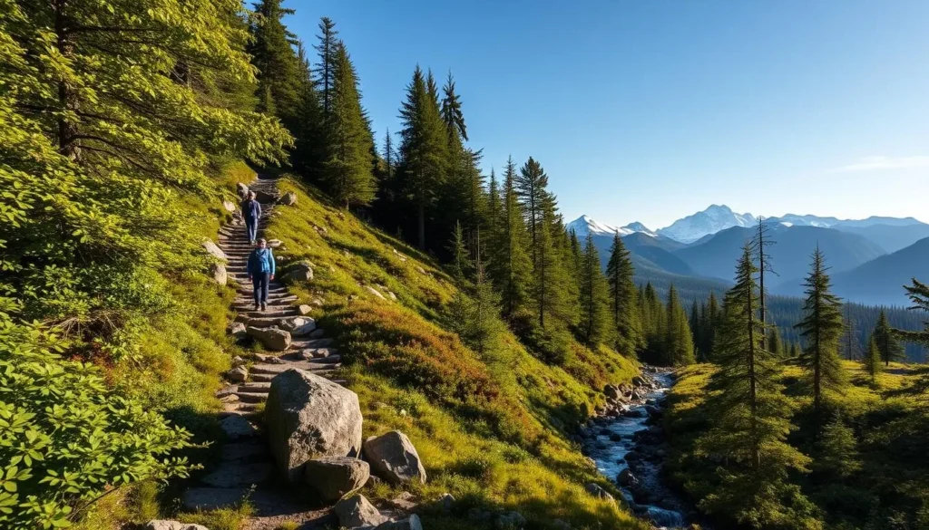 A rugged hiking trail winds through the majestic Pieljekaise National Park, Sweden. Lush green foliage lines the path, interspersed with granite boulders and tranquil streams. Sunlight filters through the dense canopy, casting a warm glow on the scene. In the distance, the iconic Pieljekaise mountains rise majestically, their snow-capped peaks piercing the azure sky. Hikers navigate the trail, taking in the breathtaking scenery and the serene atmosphere of this natural wonder. The image captures the essence of this awe-inspiring destination, inviting viewers to explore the wonders of the Pieljekaise region.