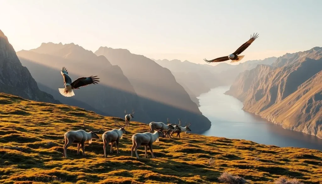 A rugged landscape of jagged peaks and pristine fjords, Lofotodden National Park in Norway offers an abundance of wildlife viewing opportunities. In the foreground, a pair of majestic sea eagles soar effortlessly on the updrafts, their powerful wings outstretched against a backdrop of dramatic cliffs. In the middle ground, a herd of reindeer graze peacefully on the lush, moss-covered tundra, their antlers silhouetted against the distant mountains. The warm, golden light of a late afternoon sun bathes the scene, creating a serene and awe-inspiring atmosphere. Capture the essence of this wild and untamed landscape, where nature reigns supreme and the opportunities to witness its bounty are truly boundless.