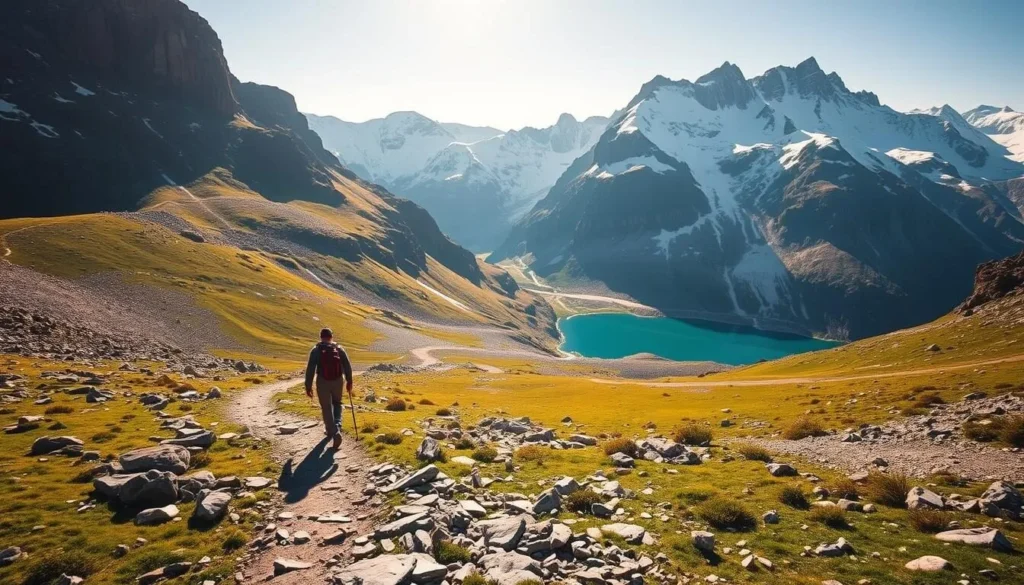 A rugged trail winds through the dramatic peaks and valleys of Jotunheimen National Park, Norway. Towering mountains in the background are dusted with pristine snow, reflecting the warm sunlight. In the foreground, a hiker navigates the rocky path, surrounded by lush alpine meadows and turquoise glacial lakes. The scene exudes a sense of adventurous exploration, with crisp, clear lighting and a wide, cinematic angle to capture the majestic landscape. This serene, picturesque setting evokes the perfect time to visit Jotunheimen and immerse oneself in its natural wonders.