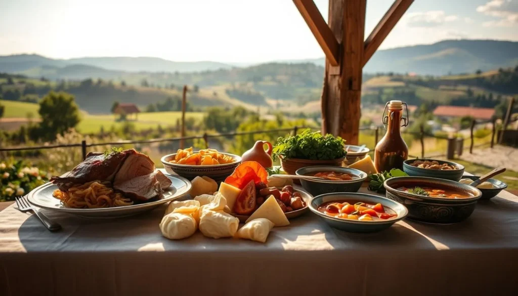 A rustic wooden table adorned with a linen tablecloth, set against the backdrop of a picturesque landscape. Atop the table, an array of traditional Czech dishes - roasted pork with sauerkraut, dumplings, and a hearty goulash stew. Locally sourced ingredients like fresh vegetables, herbs, and regional cheeses complement the meal. The scene is bathed in warm, golden afternoon light, creating a cozy and inviting atmosphere. In the distance, the rolling hills of the Žďárské vrchy region rise up, framing the tableau. A sense of simple, honest cuisine and a connection to the land pervades the image.