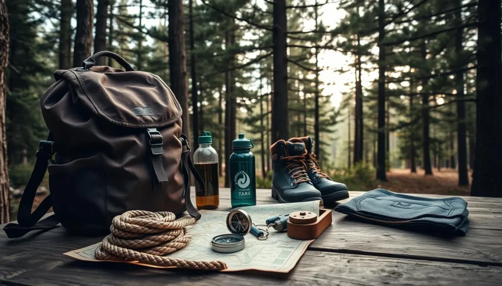 A rustic wooden table set against a backdrop of towering pine trees, showcasing a collection of essential Sarek National Park hiking gear. In the foreground, a sturdy hiking backpack, a coil of durable rope, and a well-worn compass sit atop a weathered map. In the middle ground, a pair of sturdy hiking boots, a water bottle, and a snug, insulated jacket stand ready for the adventure ahead. Soft, natural light filters through the canopy, casting a warm, inviting glow over the scene. The overall atmosphere evokes a sense of rugged preparedness and the thrill of embarking on an outdoor expedition into the heart of the Sarek Mountains.