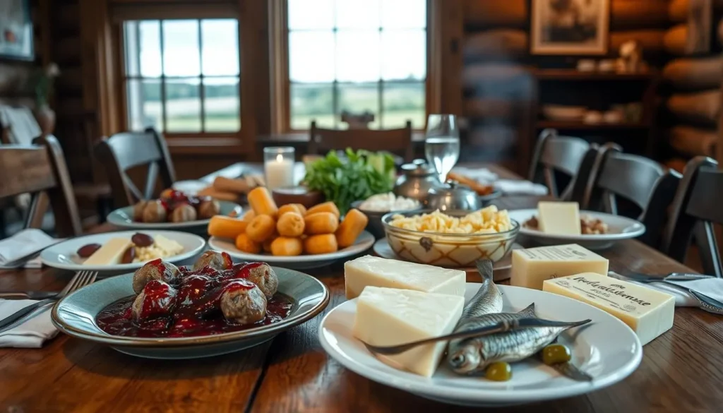 A rustic wooden table set with a spread of traditional Swedish delicacies: juicy meatballs with lingonberry jam, buttery potato gratin, crisp pickled herring, and a selection of hard cheeses. Warm, ambient lighting casts a cozy glow, while a large window in the background reveals a picturesque Swedish countryside scene. The overall atmosphere is one of simple, homespun elegance, capturing the essence of Örebro's culinary heritage.
