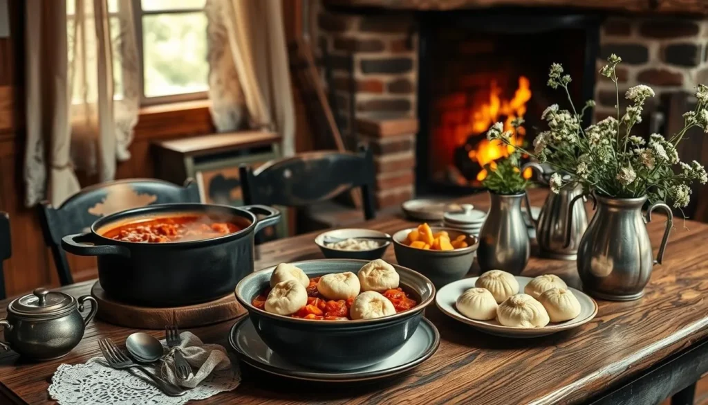 A rustic wooden table set with a traditional Czech feast: hearty goulash bubbling in a cast-iron pot, dumplings steaming, and a side of tangy pickled vegetables. Soft, golden lighting filters through lace curtains, casting a warm glow. Vintage crockery, a pewter tankard, and a bouquet of wildflowers complete the homely scene. In the background, a brick fireplace crackles, hinting at the comforting ambiance. The overall atmosphere evokes the cozy, inviting essence of Central Bohemian culinary traditions.