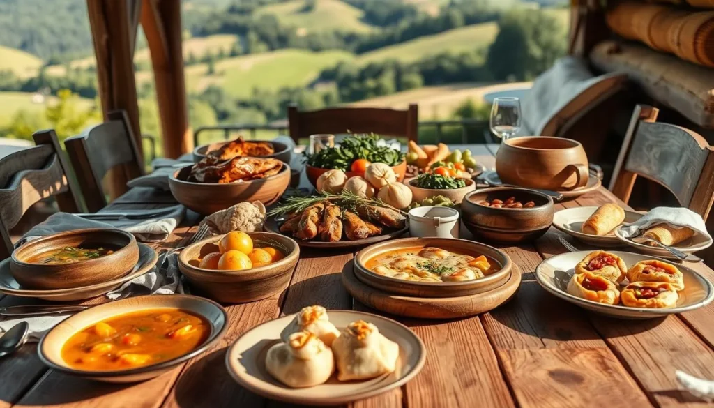 A rustic wooden table set with a variety of traditional Czech dishes, including svorop (roasted pork), bramboračka (potato soup), knedlíky (dumplings), and koláče (fruit-filled pastries). The table is adorned with linen napkins, wooden bowls, and metal cutlery, creating a warm and inviting atmosphere. Soft natural lighting illuminates the scene, casting gentle shadows and highlighting the rich colors and textures of the food. The background features a cozy, countryside setting with rolling hills and lush greenery, capturing the essence of the Pardubice Region. The overall composition conveys a sense of homespun authenticity and the comforting flavors of traditional Czech cuisine.