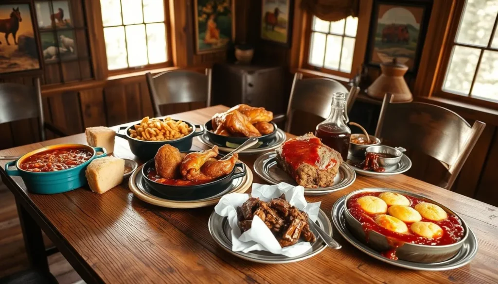 A rustic wooden table set with traditional Appalachian dishes: hearty chili with beans and cornbread, a skillet of crispy fried chicken, a platter of tender pulled pork with tangy barbecue sauce, and a fruit cobbler fresh from the oven. Warm sunlight filters through the windows, casting a cozy glow over the scene. The walls are adorned with vintage Appalachian artwork and the worn wooden floors add to the homey, down-to-earth atmosphere. Capture the essence of Appalachian cuisine and culture in this welcoming and mouthwatering scene.