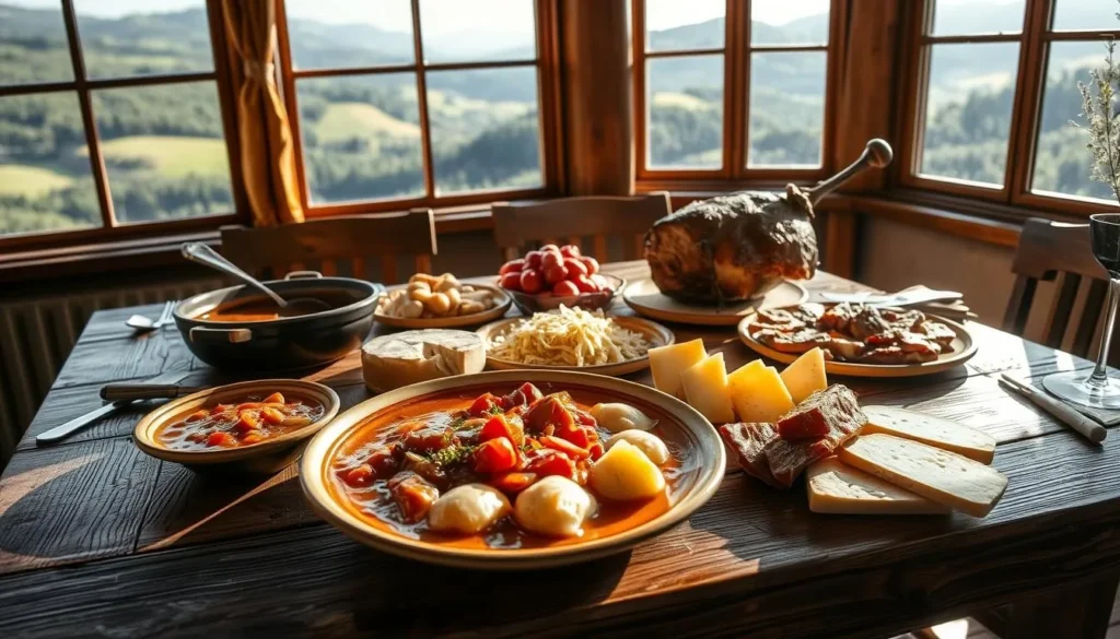 A rustic wooden table set with traditional Moravian cuisine - a hearty goulash stew with dumplings, roasted pork knuckle with sauerkraut, and a selection of local artisanal cheeses and cured meats. Sunlight filters in through large windows, casting a warm glow on the scene. In the background, a glimpse of rolling hills and verdant forests typical of the Moravian-Silesian region. The overall atmosphere is cozy, inviting, and evocative of the rich culinary heritage of Northern Moravia.
