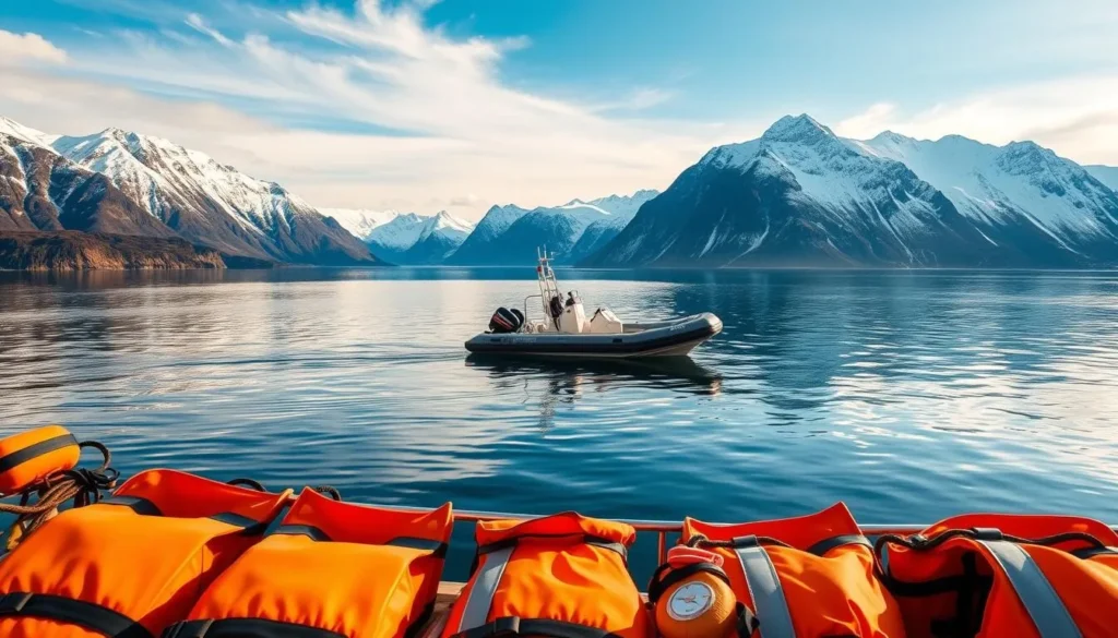 A scenic RIB boat tour setting on a tranquil Altafjord, Norway. In the foreground, a neatly organized array of bright orange life jackets and other essential safety equipment like throw bags and flares, inviting passengers to embark on an adventurous yet secure journey. The middle ground showcases a sleek, rugged RIB boat gently floating on the fjord's calm, mirror-like surface, its powerful engine ready to propel the craft across the pristine waters. In the background, towering snow-capped mountains rise majestically, their peaks bathed in warm, golden sunlight filtering through wispy clouds, creating a picturesque and serene atmosphere perfect for an unforgettable RIB boat excursion.