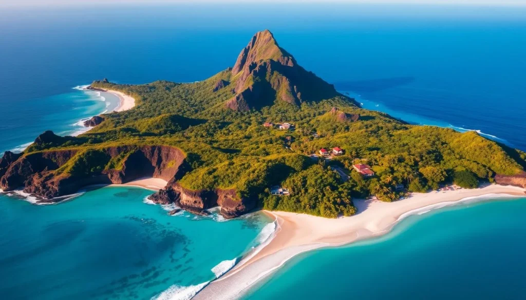 A scenic aerial view of Fernando de Noronha island, a lush tropical paradise off the northeast coast of Brazil. The crystal-clear turquoise waters of the Atlantic Ocean lap against the pristine white sand beaches, surrounded by rugged volcanic cliffs. Palm trees sway gently in the warm breeze. In the distance, the iconic Morro do Pico mountain rises majestically, casting long shadows across the island. The vibrant green foliage of the dense forest canopy covers the interior, while a few brightly-colored buildings dot the coastline. The scene is bathed in warm, golden afternoon sunlight, creating a serene and inviting atmosphere.