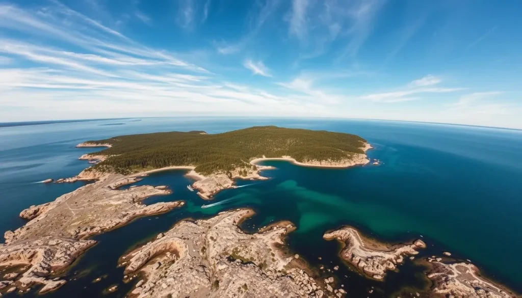 A scenic aerial view of Hemso Island, Sweden, showcasing its rugged, picturesque geography. The foreground features the island's rocky coastline, dotted with coves and inlets, while the middle ground reveals the lush, forested interior. In the background, the azure waters of the Baltic Sea stretch out, complemented by a clear, sunny sky with wispy clouds. The image is captured with a wide-angle lens, highlighting the island's natural beauty and remote, serene atmosphere.