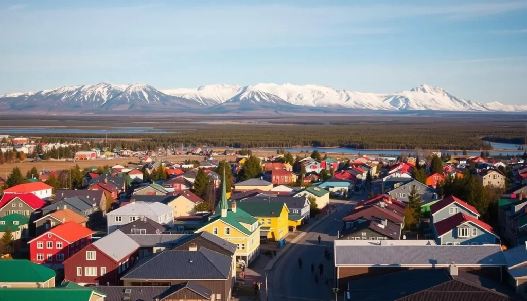 A scenic aerial view of the city of Kiruna, Sweden, on a clear sunny day. In the foreground, the colorful rooftops and streets of the city center are visible, with people strolling and going about their daily activities. In the middle ground, the towering mountains of the Lapland region rise up, their snow-capped peaks glistening in the sunlight. In the background, the vast, untamed wilderness of the Swedish Arctic landscape stretches out, dotted with pine forests and pristine lakes. The lighting is warm and vibrant, creating a welcoming and inviting atmosphere. Capture the unique character and natural beauty of this captivating northern destination.