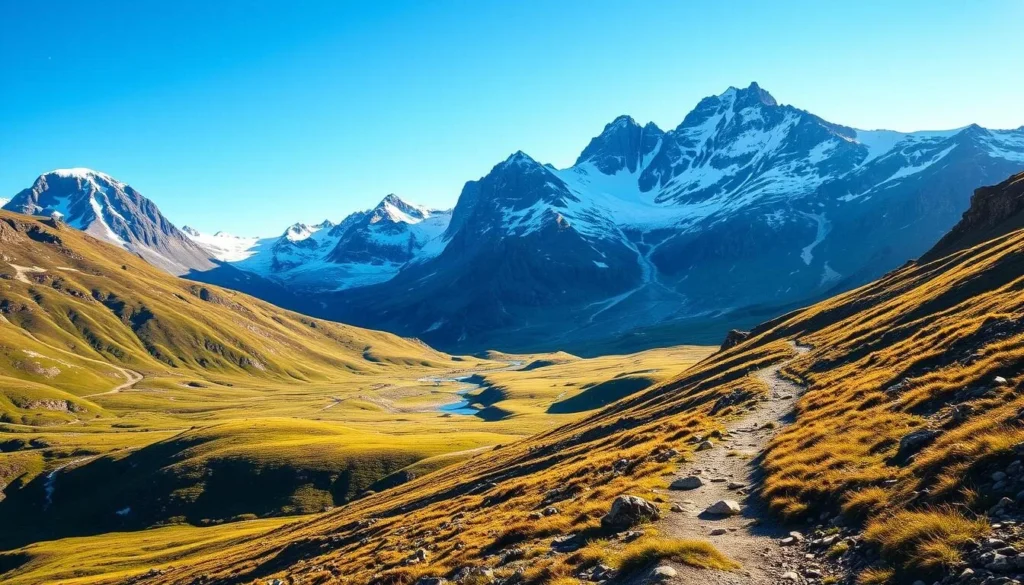A scenic alpine landscape in the Hurrungane mountain range, Norway. Rugged peaks and snow-capped summits rise against a clear blue sky, their slopes dotted with lush meadows and glacier-fed streams. In the foreground, a well-marked hiking trail winds through the pristine wilderness, inviting adventurers to explore this dramatic natural wonder. The scene is illuminated by warm, natural sunlight that casts long shadows and highlights the textures of the rocky terrain. A serene, tranquil atmosphere pervades, capturing the essence of an unforgettable multi-day trekking itinerary through the heart of the Hurrungane.