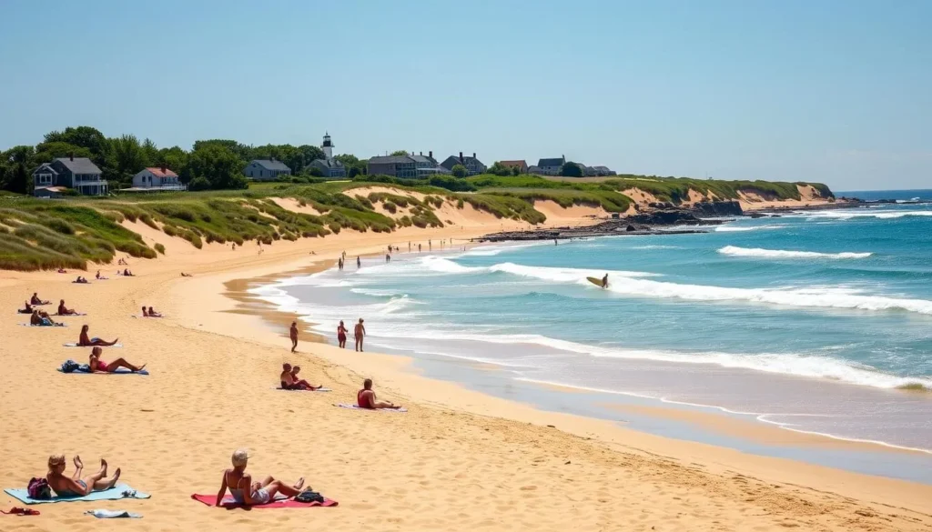 A scenic beach on Martha's Vineyard during a sun-kissed summer day. Warm sand stretches out towards a gently lapping ocean, its azure waters sparkling under a cloudless sky. In the foreground, beachgoers laze on towels and blankets, soaking up the rays. Further out, surfers ride the rolling waves, their silhouettes cutting graceful arcs. Lush dunes dotted with beach grass form the middle ground, while in the distance, the iconic gabled cottages and lighthouses of this New England isle rise up against the horizon. Capture the tranquil, quintessential feel of a perfect day at this iconic Massachusetts beach.