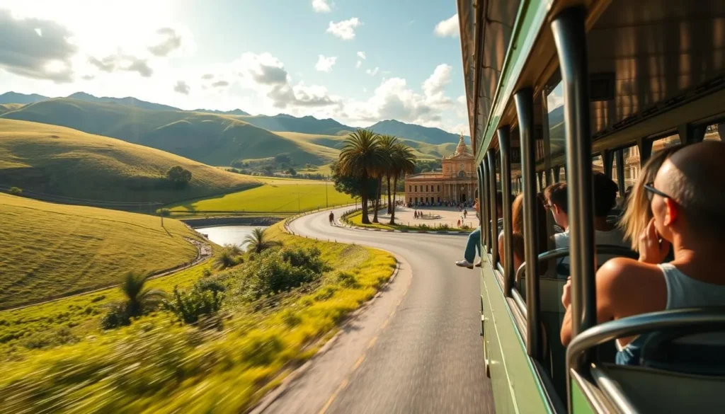 A scenic bus journey winding through lush countryside, culminating in the charming town of Salto, Uruguay. The bus travels along a picturesque road, flanked by rolling hills and verdant fields. Dappled sunlight filters through the windows, casting a warm, golden glow. Passengers gaze out, taking in the breathtaking vistas of the Río Uruguay and the historic buildings of Salto's city center in the distance. The bus approaches the town square, its facade adorned with ornate architecture and swaying palm trees. An inviting atmosphere of adventure and exploration awaits the travelers as they disembark, ready to discover the best that Salto has to offer.