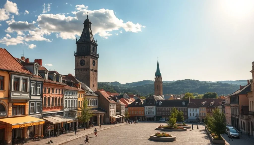 A scenic cityscape of Ceske Budejovice, the historic and picturesque town in southern Czechia. In the foreground, a charming town square with cobblestone streets, lined with colorful baroque buildings and cafes. In the middle ground, the iconic Black Tower and the striking St. Nicholas Cathedral rise up, their spires reaching towards a bright, cloudless sky. In the background, rolling hills and lush greenery frame the scene, creating a serene and inviting atmosphere. The warm, golden light of the sun bathes the entire composition, lending a sense of tranquility and timelessness. Showcasing the city's remarkable architecture, natural beauty, and welcoming ambiance, perfect for visitors seeking practical travel information.