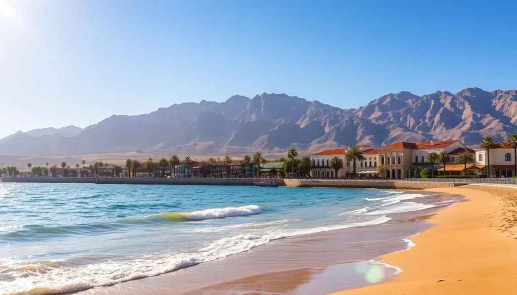 A scenic coastal landscape in Iquique, Chile, under a bright, sun-drenched sky. The foreground features a picturesque beach with golden sand and gentle waves lapping at the shore. In the middle ground, a charming seaside promenade lined with palm trees and quaint buildings in a mix of colonial and modern architectural styles. The background showcases the rugged, arid Andes mountains rising up in the distance, creating a dramatic and breathtaking backdrop. The overall atmosphere conveys a sense of tranquility, warmth, and the unique blend of coastal and desert elements that define the character of Iquique.