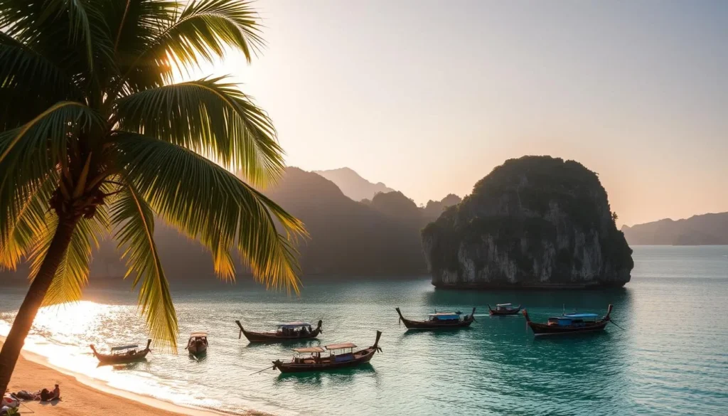 A scenic coastal landscape in Krabi, Thailand during the shoulder season. Warm sun casts a golden glow over the tranquil Andaman Sea, its turquoise waters lapping gently against the rugged limestone cliffs. In the foreground, lush palm trees sway in a light breeze, their fronds casting delicate shadows on the sandy beach below. The middle ground reveals traditional long-tail boats drifting along the shoreline, their vibrant colors reflected in the still waters. Distant mountains rise up in the background, their silhouettes hazy under a clear, hazy sky. The overall atmosphere is one of serene, unhurried charm - a perfect time to experience Krabi's natural beauty before the peak tourist crowds arrive.