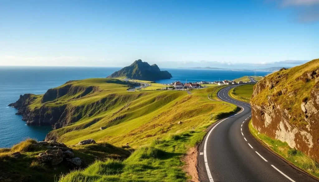 A scenic coastal road winds along rugged cliffs, with picturesque seaside villages nestled in the distance. The foreground features a well-maintained, two-lane highway flanked by lush green hills and valleys. In the middle ground, a stunning vista of the Irish Sea unfolds, with dramatic rocky outcroppings and a clear, azure sky above. The mood is serene and tranquil, with soft natural lighting illuminating the scene. The overall composition evokes a sense of peaceful exploration, inviting the viewer to embark on a leisurely journey along the renowned Causeway Coastal Route.