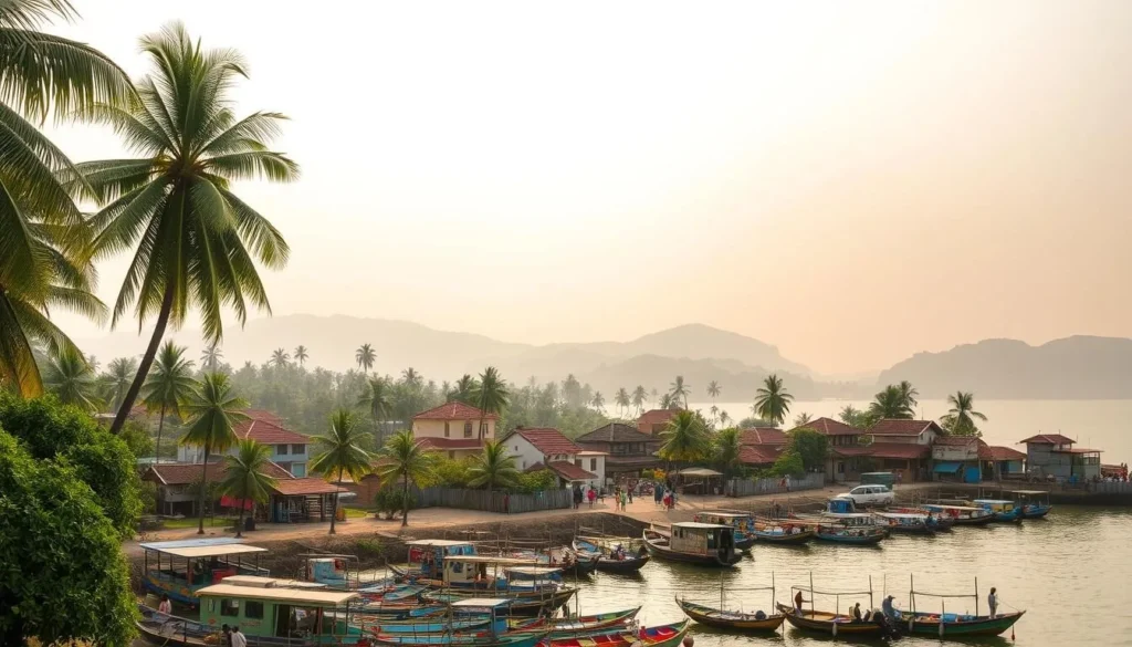 A scenic coastal town in Kerala, India, with lush palm trees lining the shores. A bustling fishing harbor in the foreground, with colorful boats and fishermen at work. In the middle ground, traditional Kerala-style houses and buildings, their roofs adorned with intricate designs. The background features a hazy, tropical landscape with rolling hills and a bright, hazy sky. The scene is bathed in warm, golden sunlight, creating a serene and inviting atmosphere. Capture this picturesque destination using a wide-angle lens to showcase the depth and breadth of the landscape.