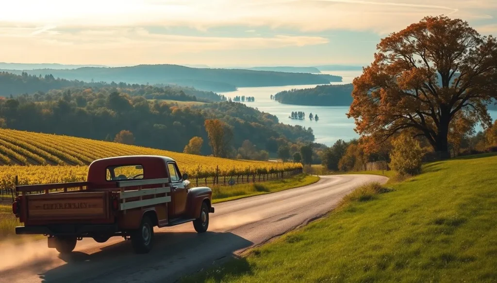 A scenic countryside landscape featuring the iconic Finger Lakes region of New York. In the foreground, a vintage red pickup truck with wooden rails navigates a winding country road, kicking up a trail of dust. In the middle ground, rolling hills covered in lush greenery and picturesque vineyards stretch out towards the horizon. The background showcases the shimmering waters of one of the Finger Lakes, framed by towering oak and maple trees in full autumnal splendor. Soft, golden sunlight filters through wispy clouds, casting a warm, tranquil glow over the entire scene. A serene, weather-savvy depiction of the Finger Lakes region in its most picturesque form.