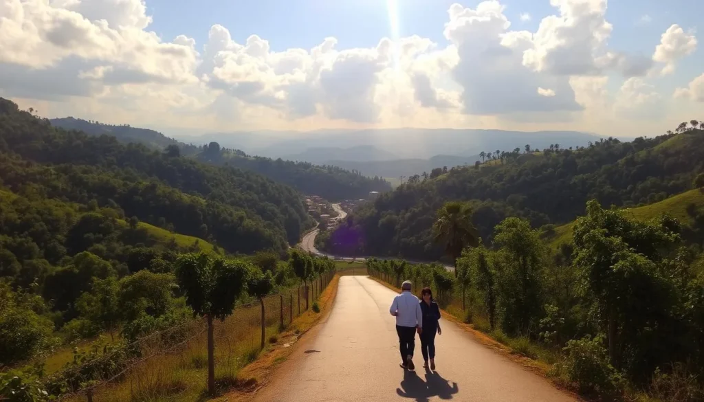 A scenic countryside road surrounded by lush, rolling hills and verdant forests, with the occasional glimpse of a quaint village nestled in the distance. The warm, golden sunlight filters through the fluffy white clouds, casting a gentle glow over the landscape. In the foreground, a group of travelers stroll along the winding path, taking in the breathtaking vistas. The image captures the tranquility and beauty of a perfect day trip from the bustling city of Raurkela, inviting the viewer to explore the natural wonders that lie just beyond the urban center.
