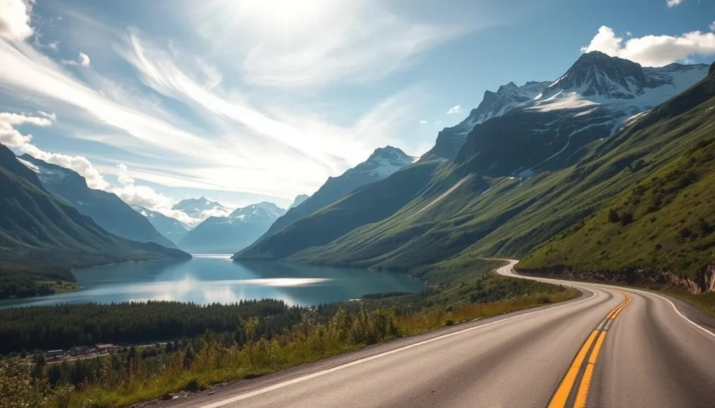 A scenic drive along a winding mountain road, flanked by towering peaks and sparkling glacial lakes. Sunlight filters through wispy clouds, casting a warm glow over the lush, verdant landscape. In the foreground, a well-maintained asphalt road curves gracefully, inviting the viewer to embark on a journey through this breathtaking Norwegian terrain. Tall, snow-capped mountains rise majestically in the distance, their jagged silhouettes reflected in the calm, mirror-like surface of the lake. The scene exudes a sense of tranquility and natural wonder, perfectly capturing the essence of a day trip from the picturesque Lake Sandvatnet.