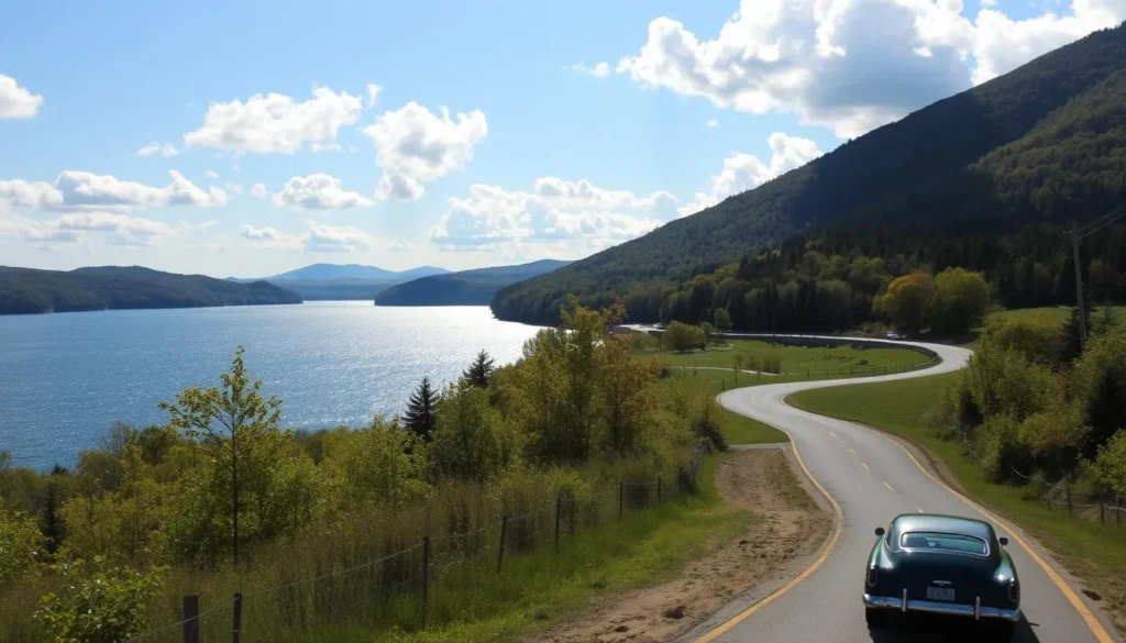 A scenic drive around the picturesque Skaneateles Lake, surrounded by the lush, rolling hills of the Finger Lakes region. In the foreground, a winding road meanders along the lake's edge, with a vintage car gently navigating the curves. The middle ground features the sparkling, azure waters of the lake, reflecting the fluffy, white clouds drifting overhead. In the background, densely forested hillsides rise up, their verdant trees bathed in the warm, golden glow of the afternoon sun. The overall atmosphere is one of tranquility and natural beauty, inviting the viewer to embark on an idyllic outdoor adventure.