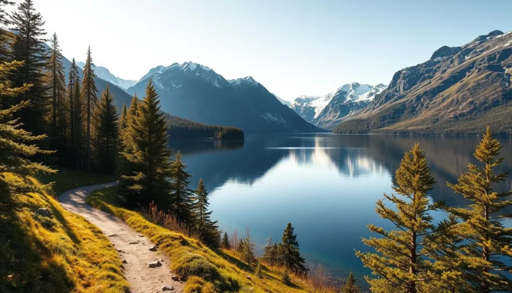 A scenic hike along the tranquil shores of Jølstravatnet, Norway's picturesque lake. In the foreground, a well-marked trail winds through lush, verdant forests, with sunlight dappling the path. The middle ground reveals the pristine, mirror-like surface of the lake, surrounded by majestic mountains dusted with snow. In the distance, towering peaks frame the serene landscape, their jagged silhouettes casting long shadows across the water. A warm, golden glow suffuses the scene, creating a sense of peaceful solitude and natural harmony. Capture the essence of this beautiful hiking destination with a high-quality, detailed landscape photograph.
