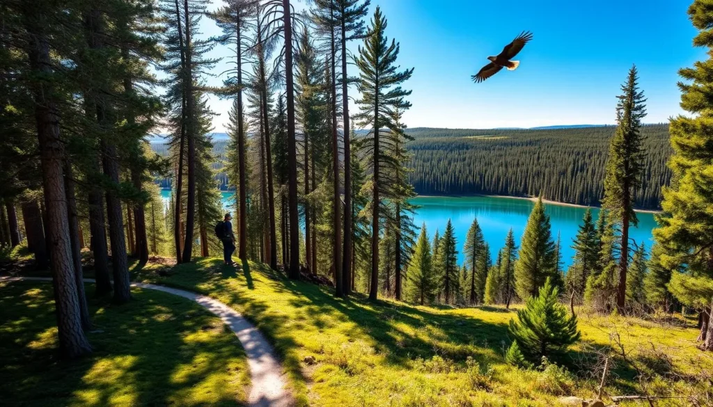 A scenic hike through the lush boreal forests of Wood Buffalo National Park. Towering pine trees line the winding trail, their branches casting dappled shadows on the mossy ground below. In the distance, the sun filters through the canopy, illuminating a crystal-clear lake that reflects the surrounding landscape. A bald eagle soars overhead, its majestic wings outstretched against the azure sky. The air is crisp and fresh, carrying the scent of wildflowers and the earthy aroma of the forest. Hikers pause to take in the breathtaking vistas, a sense of peaceful tranquility enveloping the scene.