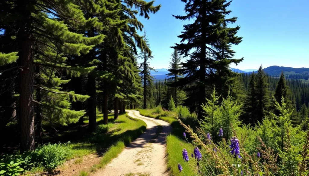 A scenic hiking trail winding through a lush, verdant forest. Towering evergreen trees line the path, their branches casting dappled shadows on the ground below. The trail leads up a gentle incline, offering glimpses of distant rolling hills and a clear blue sky. Sunlight filters through the canopy, illuminating the trail and the surrounding foliage. Vibrant wildflowers dot the edges of the path, adding pops of color to the serene natural setting. The atmosphere is peaceful and tranquil, inviting hikers to immerse themselves in the beauty of the great outdoors.