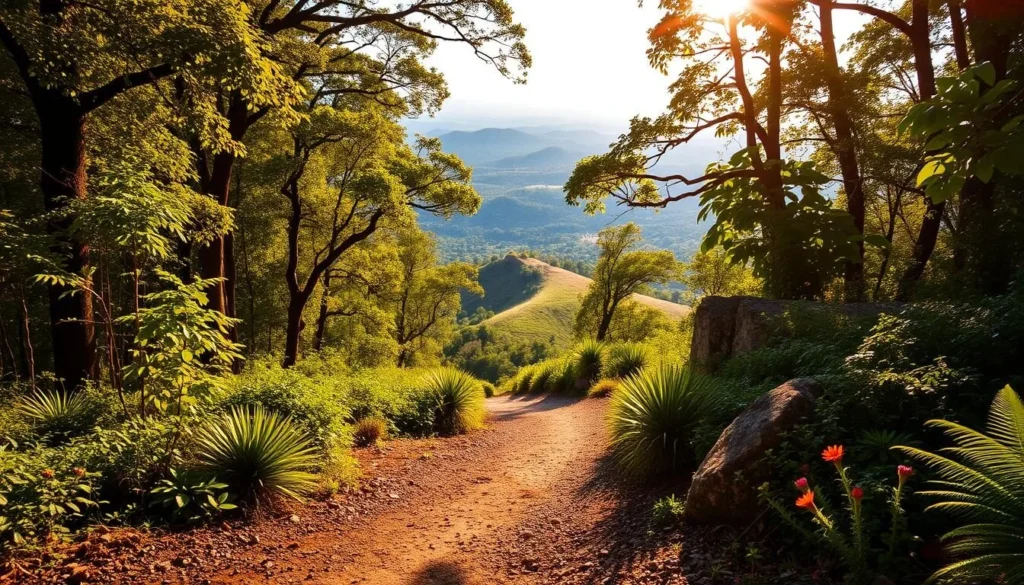 A scenic hiking trail winding through lush, verdant Brasilia forest. Warm, golden sunlight filters through the canopy of towering trees, casting a serene glow on the path ahead. In the foreground, a well-maintained trail with packed earth and gravel, perfect for trekking. Diverse flora lines the trail's edges, with vibrant wildflowers and ferns adding pops of color. The middle ground reveals a gently sloping hill, dotted with boulders and shrubs, leading to a distant vista of rolling hills and blue skies. A sense of peaceful solitude pervades the scene, inviting the viewer to embark on an invigorating hike through Brasilia's natural splendor.