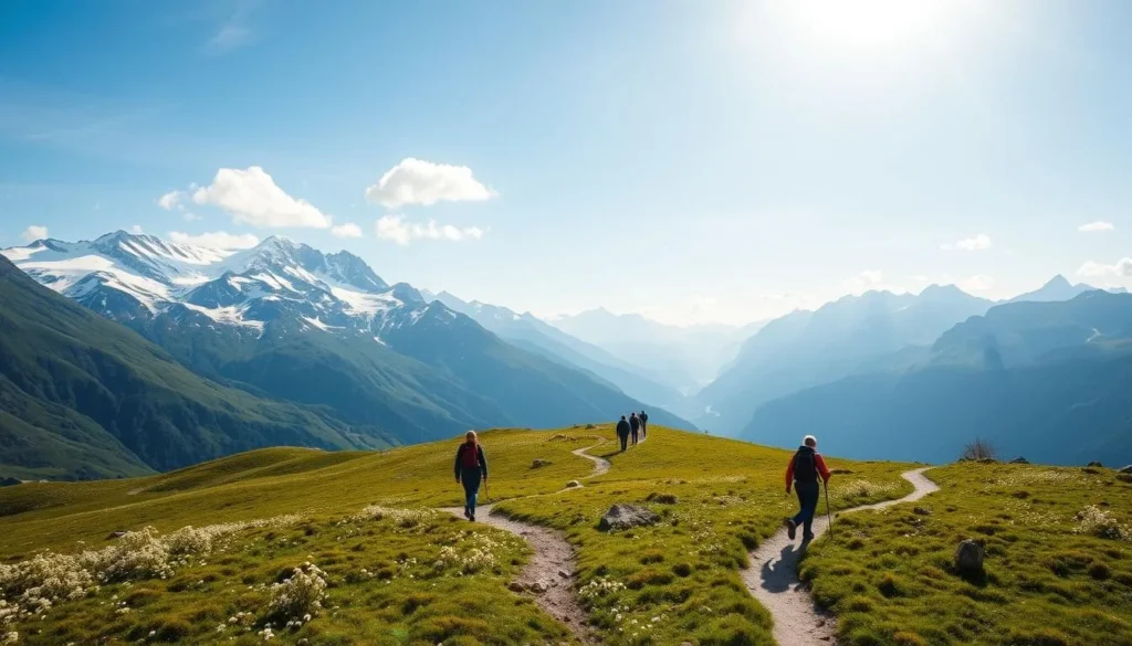 A scenic hiking trail winding through the majestic Galdhopiggen mountain range in Norway. Capture the lush alpine meadows dotted with wildflowers, with the iconic snow-capped peaks of Galdhopiggen towering in the background under a bright, sun-dappled sky. Depict hikers making their way along the well-marked path, taking in the breathtaking vistas. Use a wide-angle lens to showcase the grandeur of the landscape, with warm, natural lighting illuminating the scene. Convey a sense of tranquility and adventure as people explore this stunning Nordic wilderness.