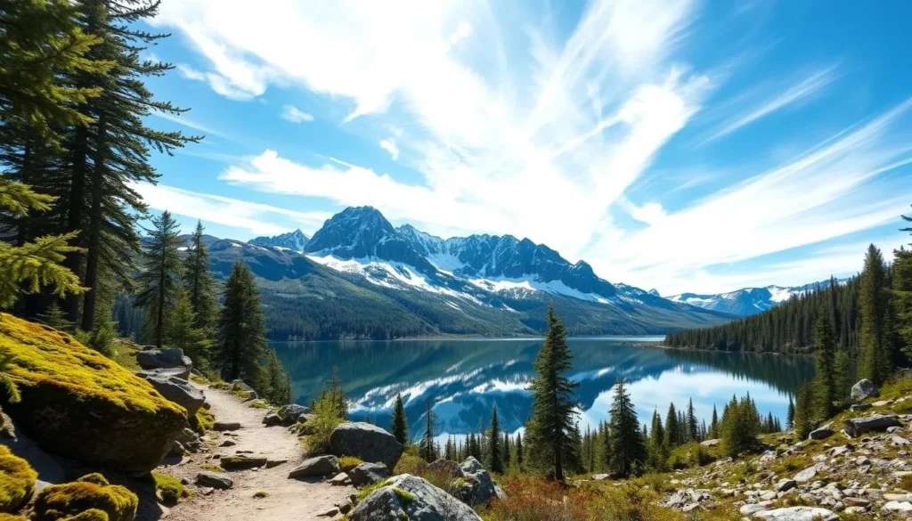 A scenic hiking trail winding through the majestic Laktatjakka Mountains, sunlight filtering through the lush evergreen forest canopy. In the foreground, a well-marked path leads hikers past mossy boulders and meandering streams. The middle ground features towering snow-capped peaks reflected in a pristine alpine lake, their jagged silhouettes mirrored in the still waters. Wispy clouds drift across a bright azure sky, casting dynamic shadows over the rugged, granite-dominated landscape. The scene evokes a sense of peaceful exploration, inviting the viewer to embark on an invigorating hiking adventure through this stunning Swedish wilderness.