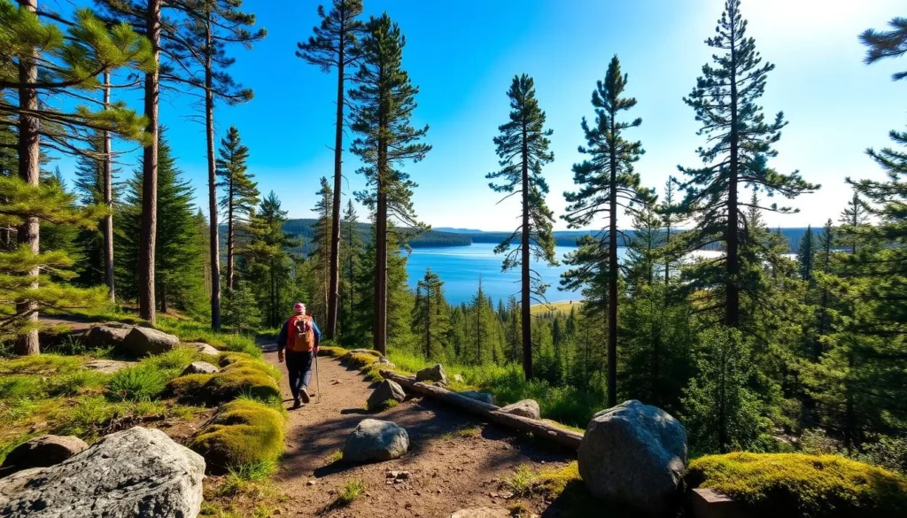 A scenic hiking trail winds through a lush, verdant forest in Kronoberg County, Sweden. Sunlight filters through the canopy of towering pine and birch trees, casting a warm, golden glow on the path ahead. Granite boulders and moss-covered logs line the trail, inviting hikers to stop and take in the serene, natural beauty. In the distance, a crystal-clear lake shimmers, reflecting the surrounding landscape. A pair of hikers, equipped with backpacks and hiking poles, explore the winding trail, immersed in the tranquility of Kronoberg's unspoiled wilderness.