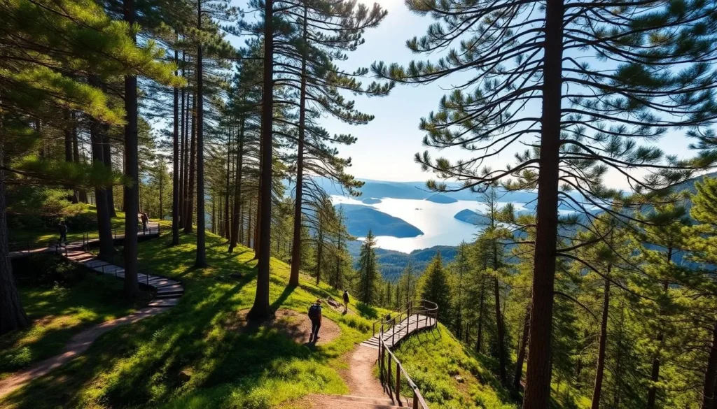 A scenic hiking trail winds through the lush, verdant forests of Larvik, Norway. Dappled sunlight filters through the canopy, casting a warm glow on the winding path. Towering pine trees line the trail, their branches reaching skyward. In the distance, glimpses of sparkling fjords and rugged cliffs can be seen, hinting at the breathtaking natural beauty that surrounds the hikers. The trail is well-maintained, with wooden bridges and steps navigating the undulating terrain. Hikers can be seen enjoying the peaceful solitude, taking in the serene atmosphere and panoramic vistas. The overall scene conveys a sense of adventure, tranquility, and a deep connection with the great outdoors.