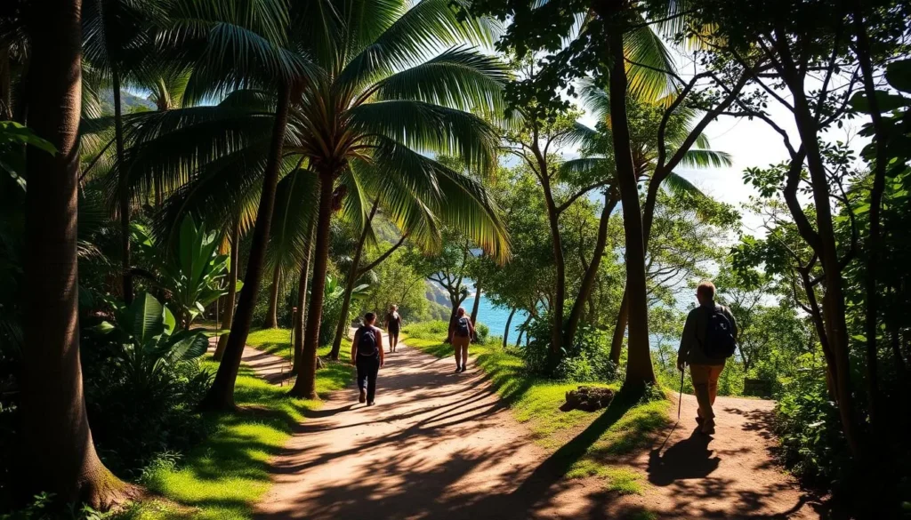 A scenic hiking trail winds through the lush, verdant landscapes of Cabo Orange National Park, Brazil. Towering palm trees and tropical foliage frame the path, casting dappled shadows across the well-worn dirt. Sunlight filters through the canopy, illuminating the scene with a warm, golden glow. In the distance, glimpses of the sparkling azure ocean can be seen peeking through the trees. Hikers traverse the trail, their silhouettes casting long shadows as they explore the park's natural wonders. The overall atmosphere is one of tranquility and adventure, inviting visitors to immerse themselves in the beauty of this remarkable wilderness.