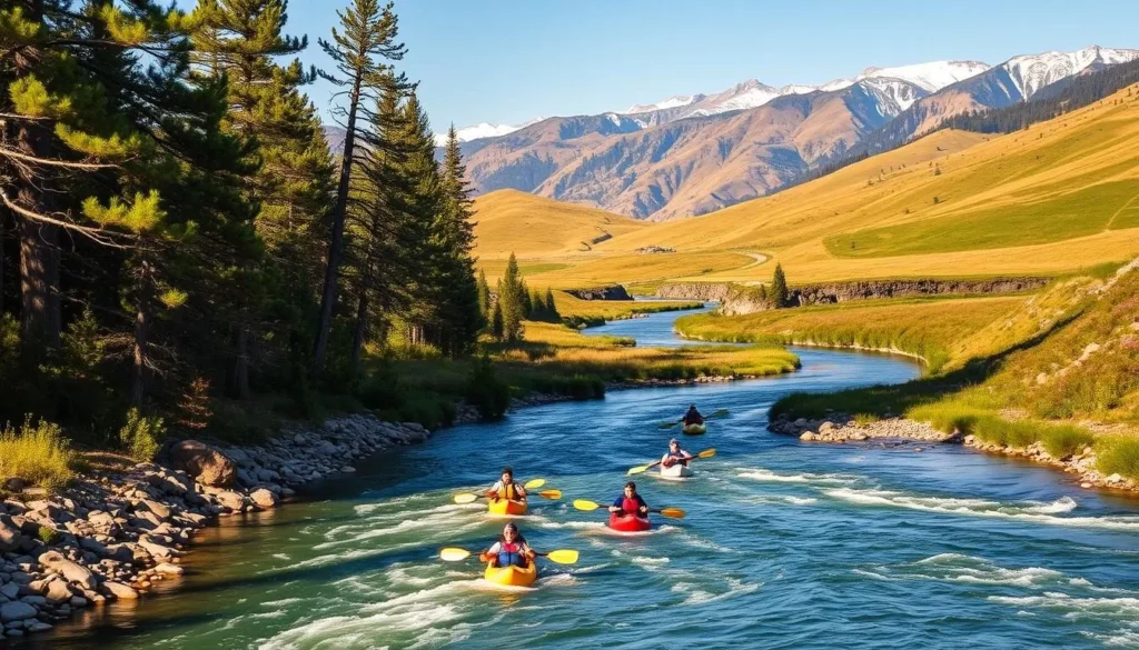 A scenic landscape along the banks of the Snake River in Caldwell, Idaho. In the foreground, a group of adventurers navigate the gentle rapids in colorful kayaks, their paddles cutting through the crystal-clear water. On the shoreline, tall pine trees sway in the light breeze, casting dappled shadows on the rocky embankment. In the middle ground, the meandering river snakes through a lush, verdant valley, flanked by rolling hills dotted with wildflowers. The background is dominated by the majestic, snow-capped peaks of the Boise Mountains, bathed in warm, golden sunlight. The scene conveys a sense of tranquility and outdoor exploration, perfectly capturing the essence of the best things to do in Caldwell, Idaho.