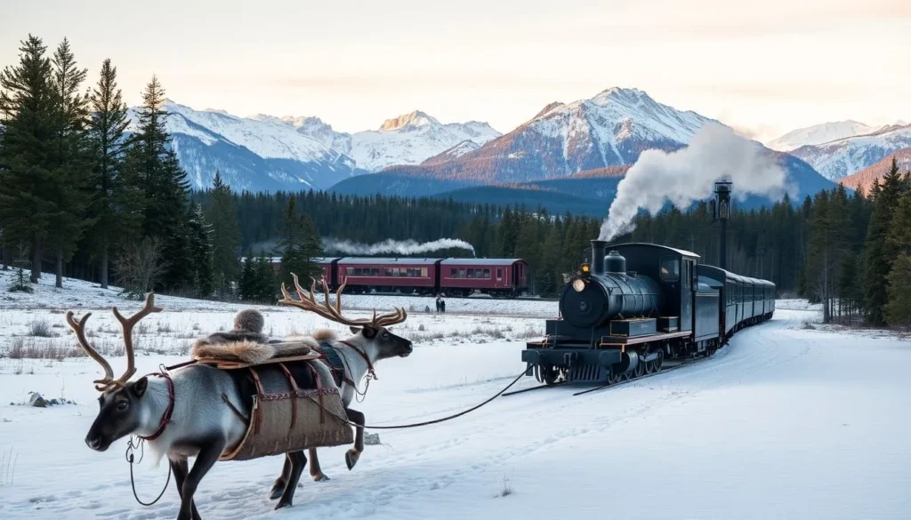 A scenic landscape capturing the transportation options in Jämtland County, Sweden. In the foreground, a traditional Swedish reindeer-drawn sleigh glides across a snow-covered field, its occupants bundled in warm furs. In the middle ground, a historic narrow-gauge railway winds through pine forests, its locomotive belching steam. In the distant background, rugged mountains rise, their peaks dusted with white. The scene is bathed in soft, golden light, creating a peaceful, wintry atmosphere. The composition showcases the diverse modes of transportation that allow visitors to explore the natural beauty of this picturesque region.