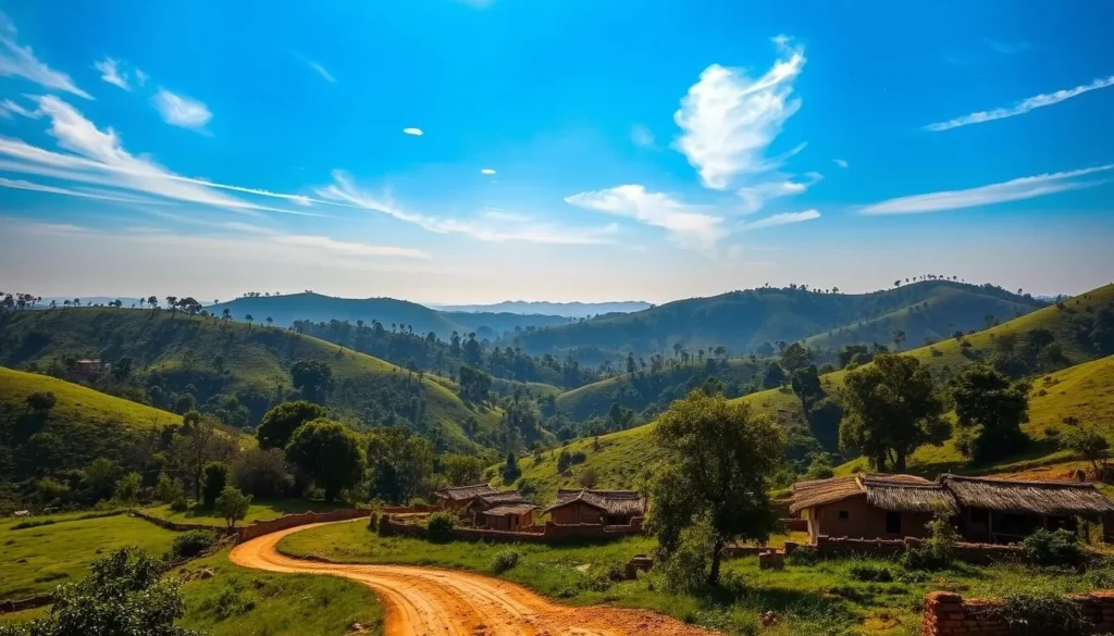 A scenic landscape in Loni, Uttar Pradesh, bathed in warm afternoon sunlight. Rolling hills covered in lush greenery stretch out to the horizon, dotted with clusters of trees. In the foreground, a winding dirt path leads through a picturesque rural setting, with quaint mud-brick houses and thatched-roof structures peeking out. The sky is a brilliant azure, with wispy clouds drifting overhead. An atmospheric, tranquil scene that captures the peaceful, unspoiled charm of this hidden gem in northern India.