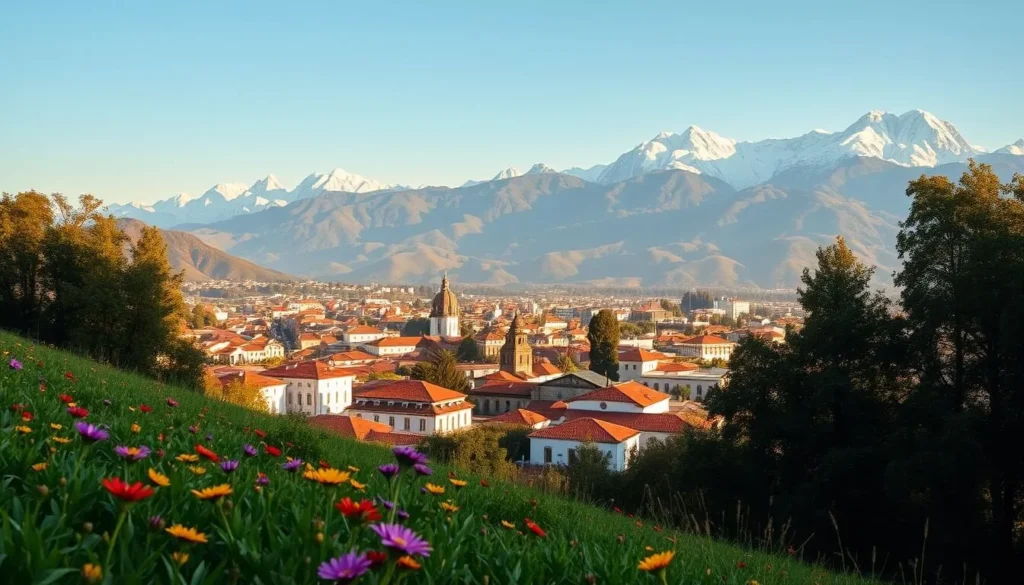 A scenic landscape in the Venezuelan Andes, featuring the picturesque city of Merida. In the foreground, lush green hills dotted with vibrant wildflowers sway gently in the warm breeze. The middle ground showcases the city's charming colonial architecture, with red-tiled roofs and whitewashed facades bathed in soft, golden sunlight. In the background, the majestic snow-capped peaks of the Andes mountains rise majestically, their jagged silhouettes contrasting with the azure sky. A serene, peaceful atmosphere pervades the scene, inviting the viewer to explore the natural wonders and rich cultural heritage of this enchanting Venezuelan destination.