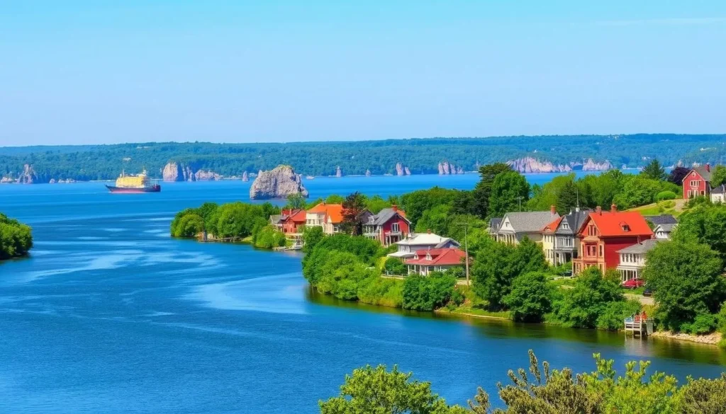 A scenic landscape of Alexandria Bay, nestled in the picturesque Thousand Islands region of New York. A serene river flows through the foreground, its calm waters reflecting the surrounding lush greenery. In the middle ground, charming Victorian-style houses and buildings line the riverbanks, their vibrant colors and architectural details creating a quaint and charming atmosphere. The background features a panoramic view of the Thousand Islands, with their distinctive rocky outcroppings and verdant forests, bathed in the warm glow of a clear, sunny day. The overall scene conveys a sense of tranquility, natural beauty, and the timeless allure of this enchanting region. A scenic landscape of Alexandria Bay, nestled in the picturesque Thousand Islands region of New York. A serene river flows through the foreground, its calm waters reflecting the surrounding lush greenery. In the middle ground, charming Victorian-style houses and buildings line the riverbanks, their vibrant colors and architectural details creating a quaint and charming atmosphere. The background features a panoramic view of the Thousand Islands, with their distinctive rocky outcroppings and verdant forests, bathed in the warm glow of a clear, sunny day. The overall scene conveys a sense of tranquility, natural beauty, and the timeless allure of this enchanting region.