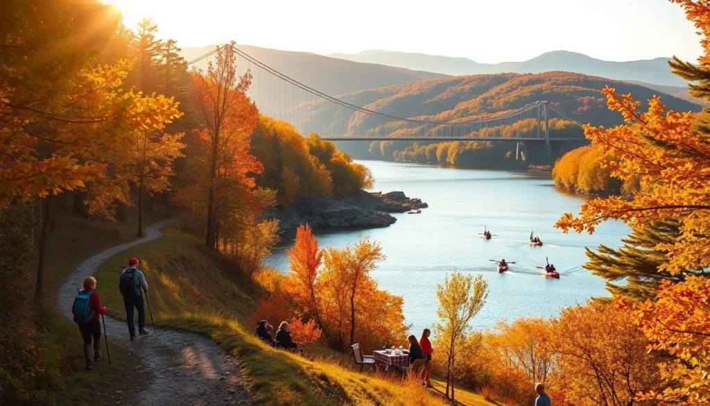 A scenic landscape of Bear Mountain in the heart of New York's Hudson Valley, with vibrant foliage and a variety of seasonal activities. In the foreground, hikers trek along a winding trail, passing by a serene lake. In the middle ground, families enjoy a picnic by the water's edge, while kayakers glide across the calm surface. In the background, the iconic Bear Mountain bridge stretches across the river, with the majestic mountain peaks rising in the distance. Warm, golden sunlight filters through the trees, casting a cozy, autumnal glow over the entire scene. The atmosphere is peaceful and inviting, capturing the essence of the park's seasonal splendor.